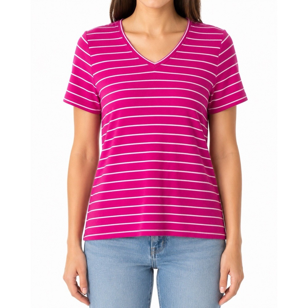 Chicos Womens Pink White Stripe V Neck Short Sleeve Tee T Shirt Top Size 1